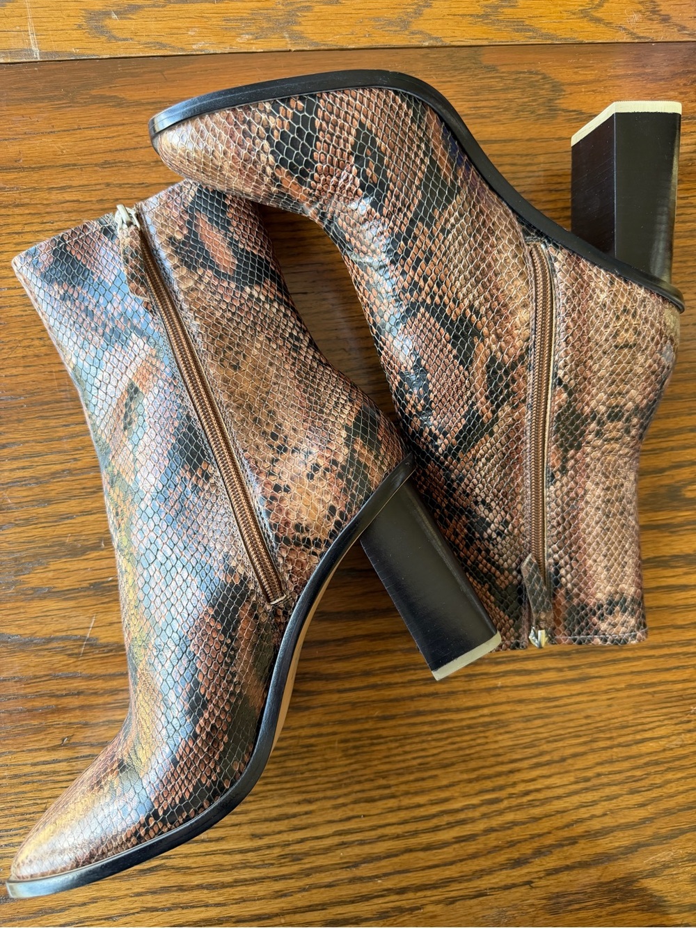 Snake-Print Block Heel Ankle Booties in Brown